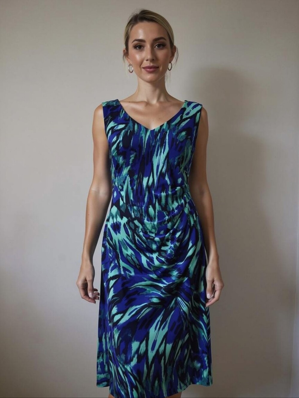 Anne Klein Blue and Teal Abstract Sleeveless Midi Dress